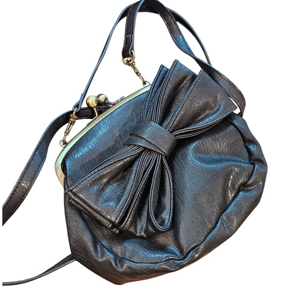 Bow Vintage Crossbody Bag Top Handle Kiss Lock Closure Purse Black - Picture 1 of 4